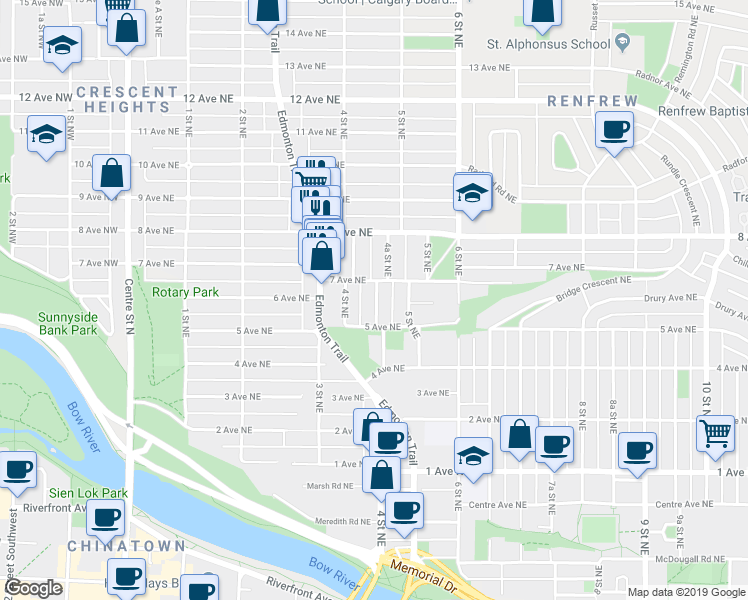 map of restaurants, bars, coffee shops, grocery stores, and more near in Calgary