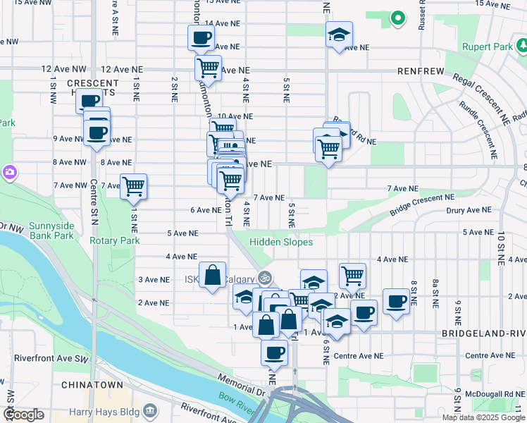 map of restaurants, bars, coffee shops, grocery stores, and more near in Calgary