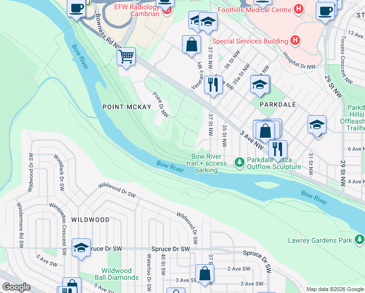 map of restaurants, bars, coffee shops, grocery stores, and more near in Calgary