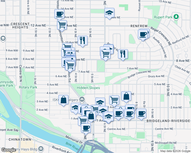 map of restaurants, bars, coffee shops, grocery stores, and more near 718 5 Street Northeast in Calgary