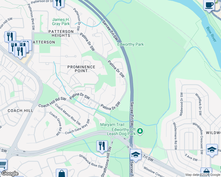 map of restaurants, bars, coffee shops, grocery stores, and more near 125 Village Heights Southwest in Calgary
