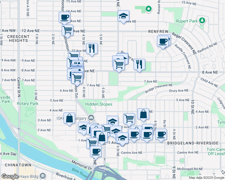 map of restaurants, bars, coffee shops, grocery stores, and more near 605 7 Avenue Northeast in Calgary
