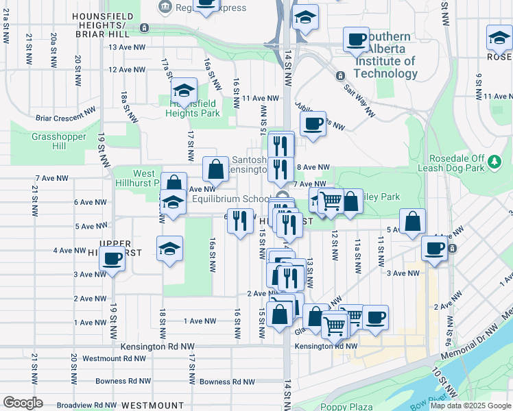 map of restaurants, bars, coffee shops, grocery stores, and more near 711 15 Street Northwest in Calgary