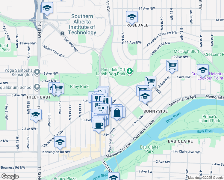 map of restaurants, bars, coffee shops, grocery stores, and more near 823 5 Avenue Northwest in Calgary