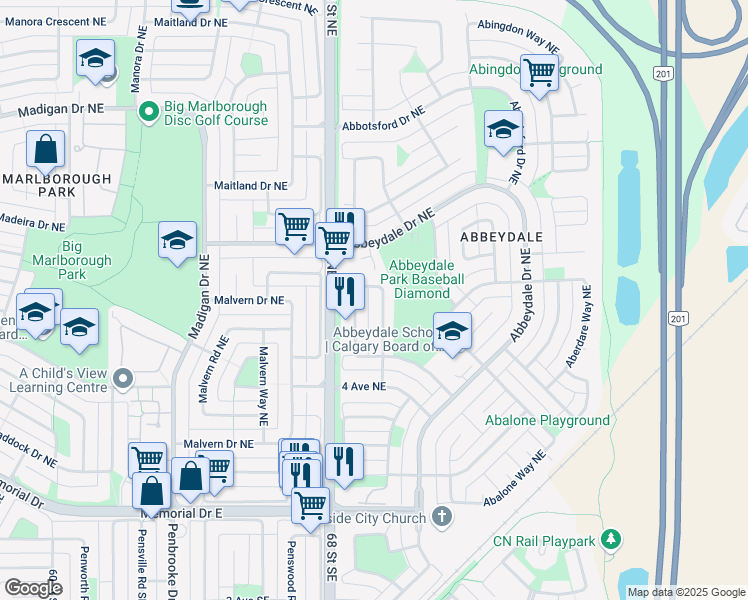 map of restaurants, bars, coffee shops, grocery stores, and more near 171 Abinger Crescent Northeast in Calgary