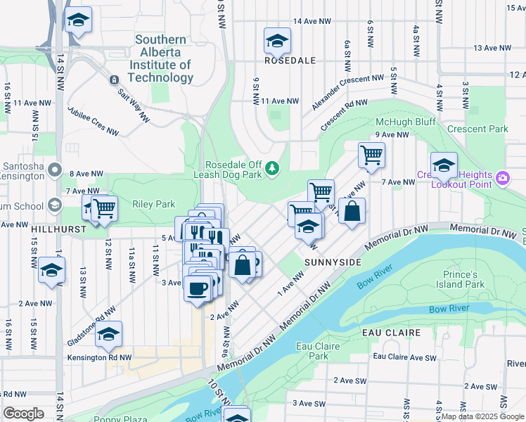 map of restaurants, bars, coffee shops, grocery stores, and more near 620 7 Street Northwest in Calgary