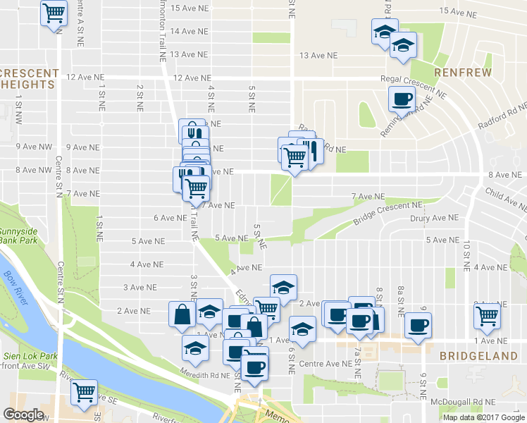 map of restaurants, bars, coffee shops, grocery stores, and more near 603 7 Avenue Northeast in Calgary
