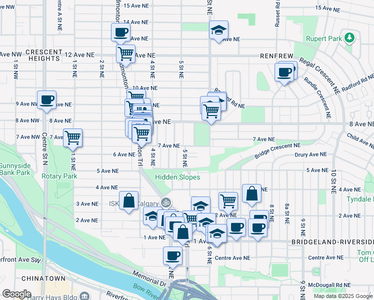 map of restaurants, bars, coffee shops, grocery stores, and more near in Calgary