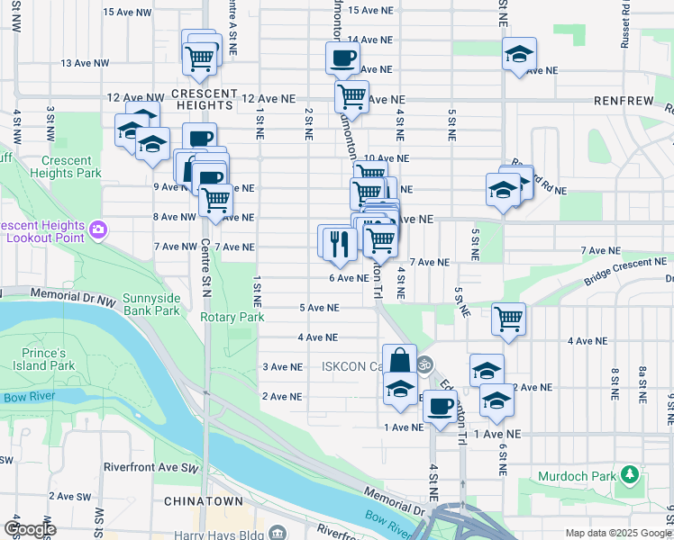 map of restaurants, bars, coffee shops, grocery stores, and more near in Calgary