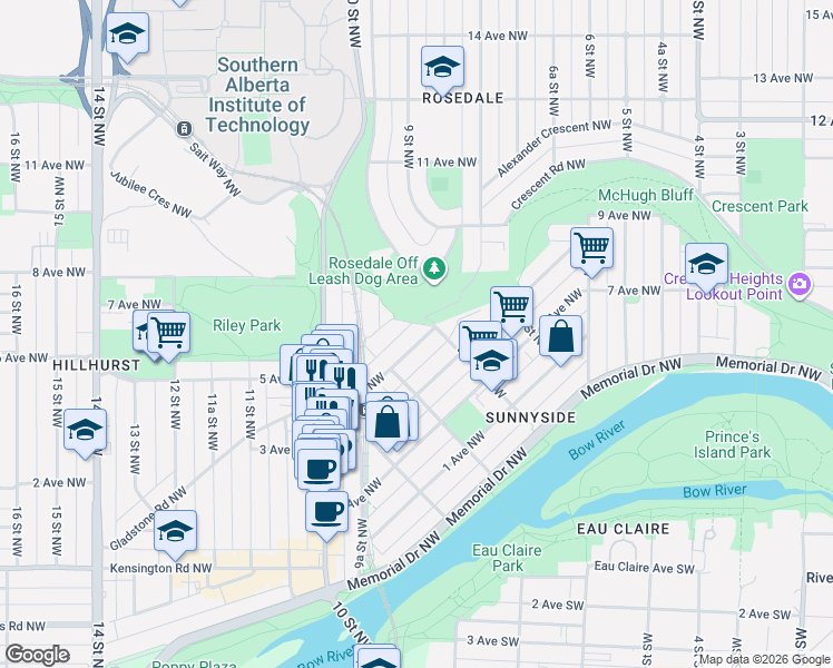 map of restaurants, bars, coffee shops, grocery stores, and more near 620 7 Street Northwest in Calgary