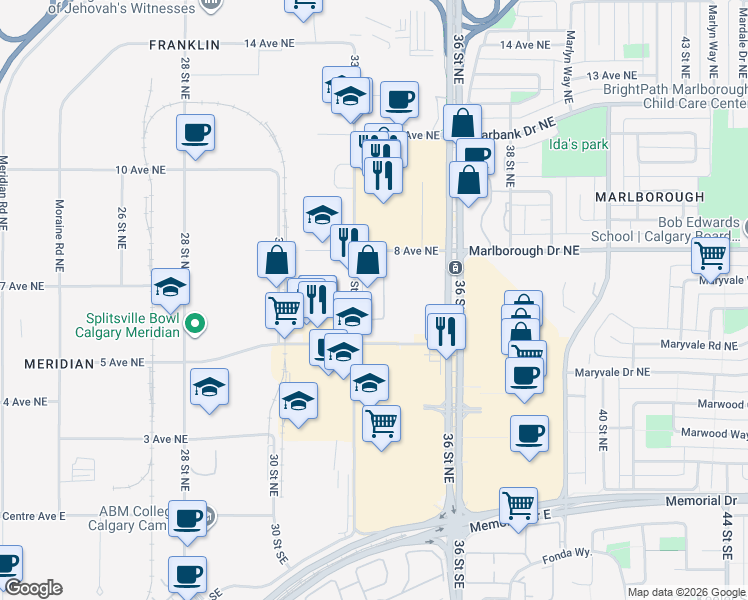 map of restaurants, bars, coffee shops, grocery stores, and more near in Calgary
