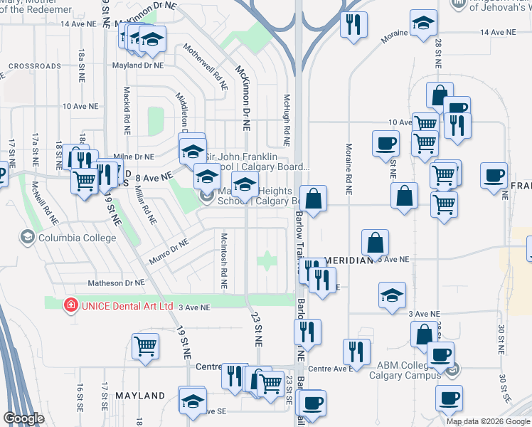 map of restaurants, bars, coffee shops, grocery stores, and more near 260 Maunsell Close Northeast in Calgary