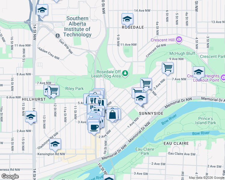 map of restaurants, bars, coffee shops, grocery stores, and more near 805 5 Avenue Northwest in Calgary