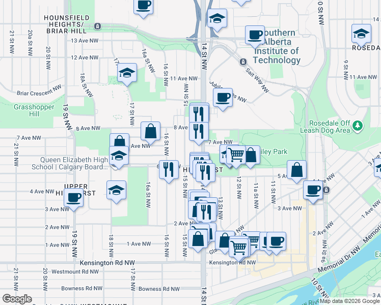 map of restaurants, bars, coffee shops, grocery stores, and more near 722 15 Street Northwest in Calgary