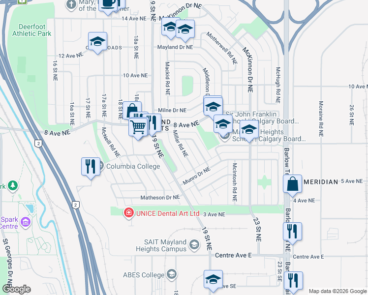 map of restaurants, bars, coffee shops, grocery stores, and more near 808 Millar Road Northeast in Calgary