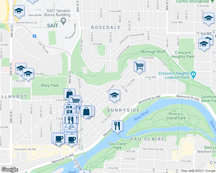 map of restaurants, bars, coffee shops, grocery stores, and more near 418 7 Street Northwest in Calgary
