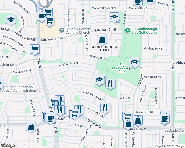 map of restaurants, bars, coffee shops, grocery stores, and more near 820 Maidstone Drive Northeast in Calgary