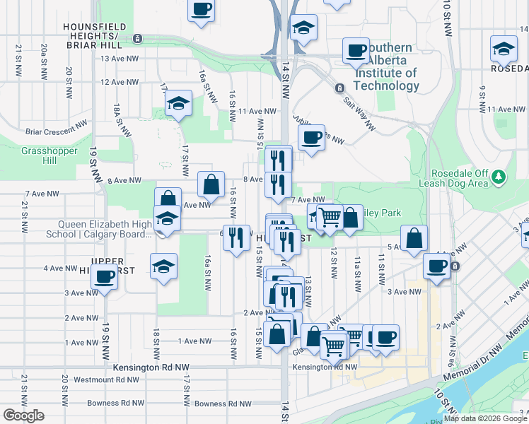 map of restaurants, bars, coffee shops, grocery stores, and more near 722 15 Street Northwest in Calgary
