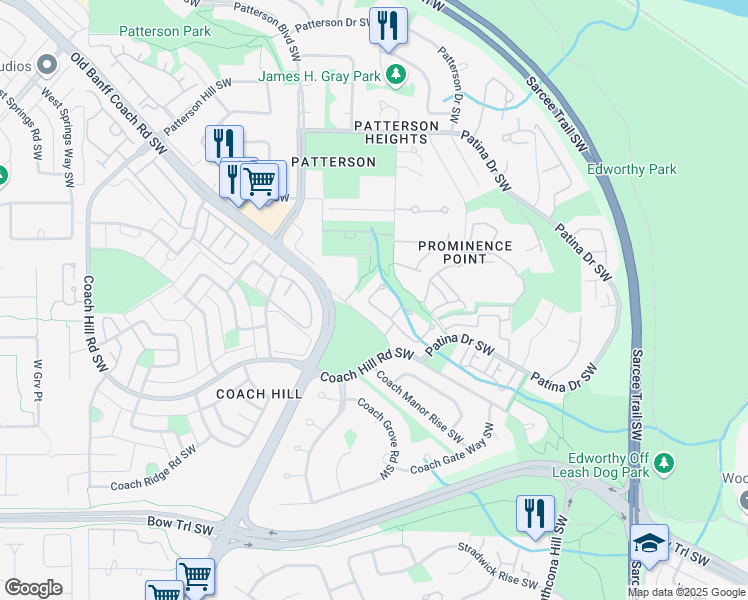 map of restaurants, bars, coffee shops, grocery stores, and more near 140 Prominence Heights Southwest in Calgary