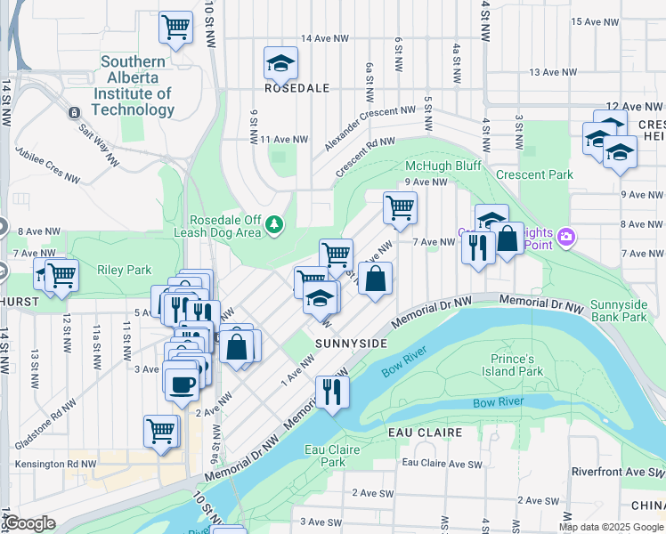 map of restaurants, bars, coffee shops, grocery stores, and more near 712 3 Avenue Northwest in Calgary
