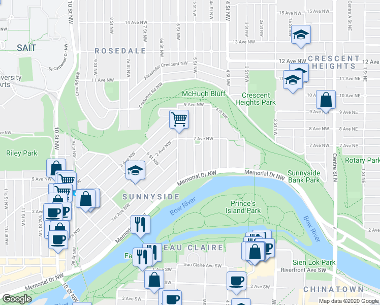 map of restaurants, bars, coffee shops, grocery stores, and more near 731 5 Street Northwest in Calgary