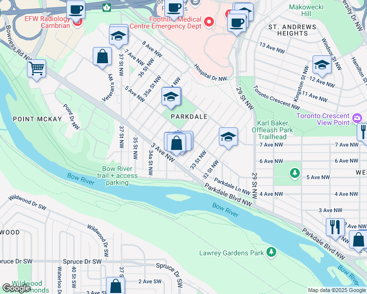 map of restaurants, bars, coffee shops, grocery stores, and more near 5 Parkdale Crescent Northwest in Calgary