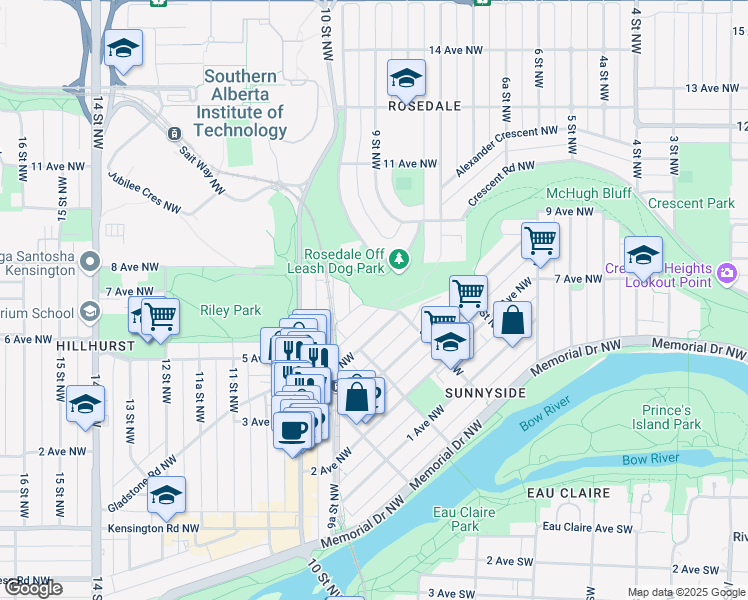 map of restaurants, bars, coffee shops, grocery stores, and more near 620 7 Street Northwest in Calgary
