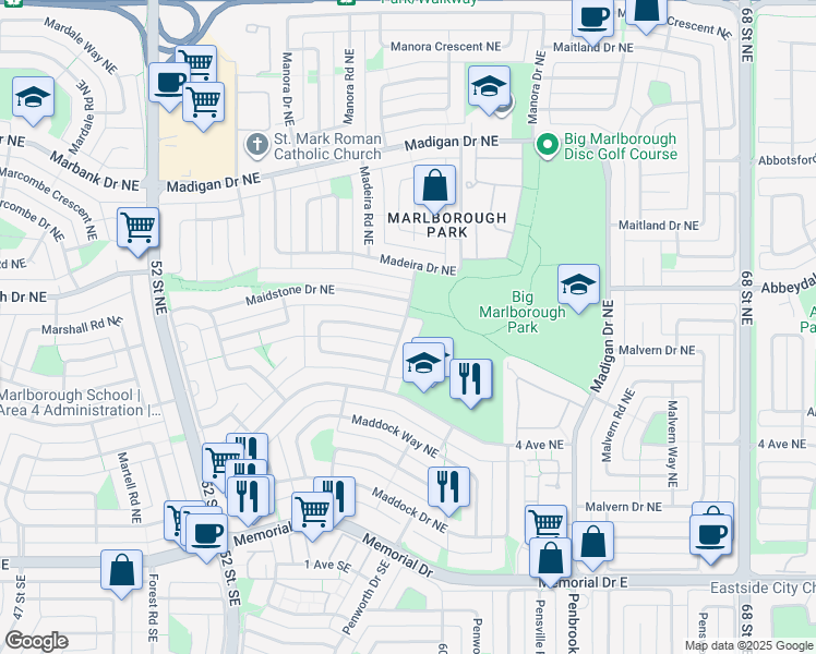 map of restaurants, bars, coffee shops, grocery stores, and more near 820 Maidstone Drive Northeast in Calgary