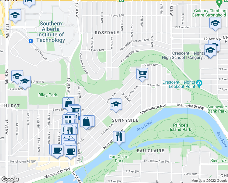 map of restaurants, bars, coffee shops, grocery stores, and more near 712 3 Avenue Northwest in Calgary
