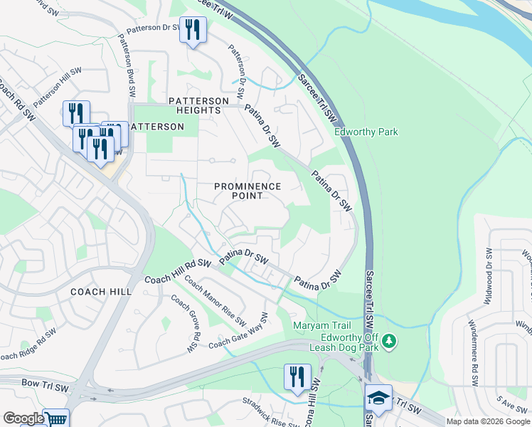 map of restaurants, bars, coffee shops, grocery stores, and more near 80 Patina Rise Southwest in Calgary