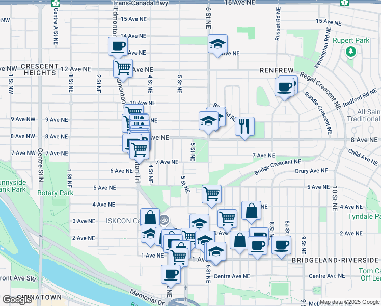 map of restaurants, bars, coffee shops, grocery stores, and more near in Calgary