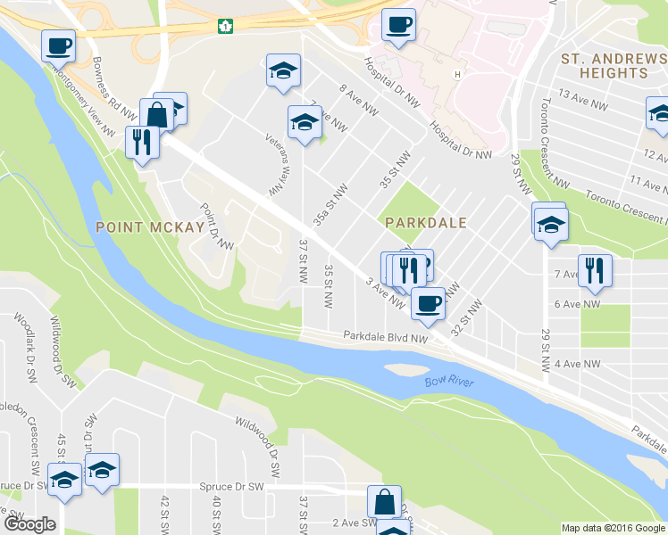 map of restaurants, bars, coffee shops, grocery stores, and more near 140 35 Street Northwest in Calgary
