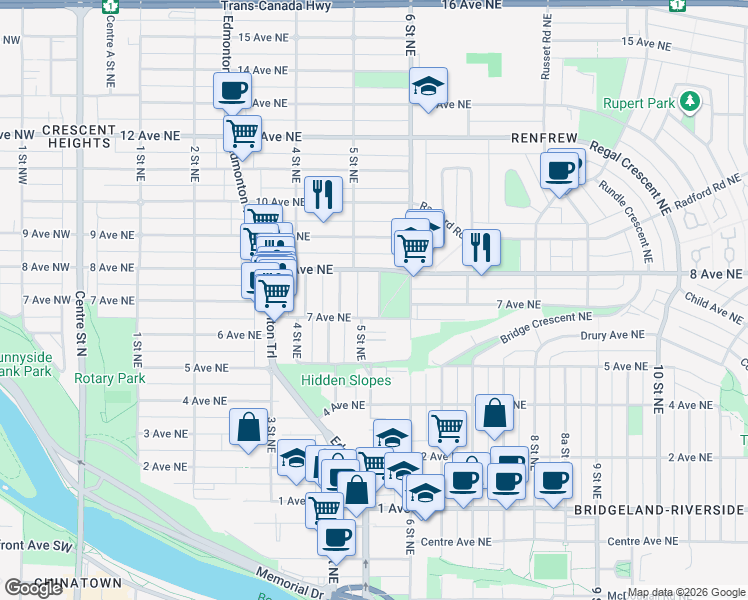 map of restaurants, bars, coffee shops, grocery stores, and more near 811 5 Street Northeast in Calgary