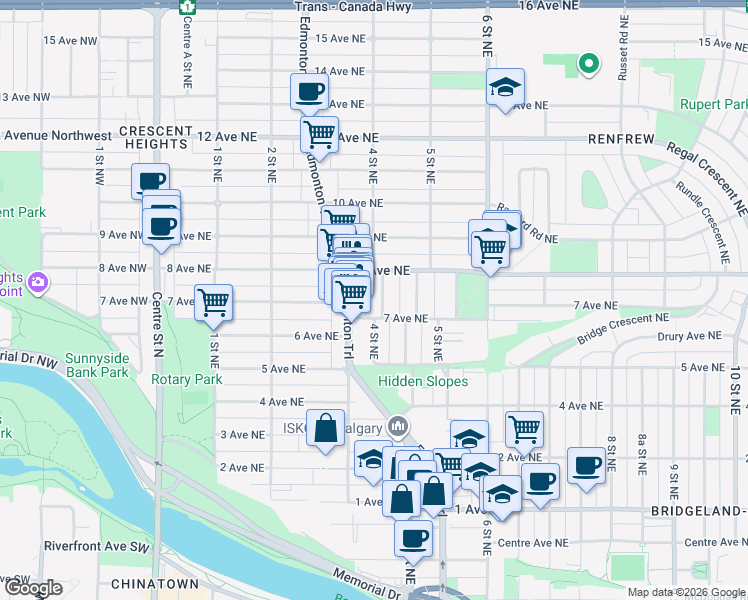 map of restaurants, bars, coffee shops, grocery stores, and more near 809 4 Street Northeast in Calgary