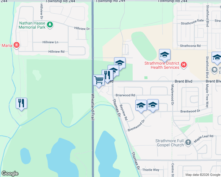 map of restaurants, bars, coffee shops, grocery stores, and more near 4 Crystal Ridge Cove in Strathmore