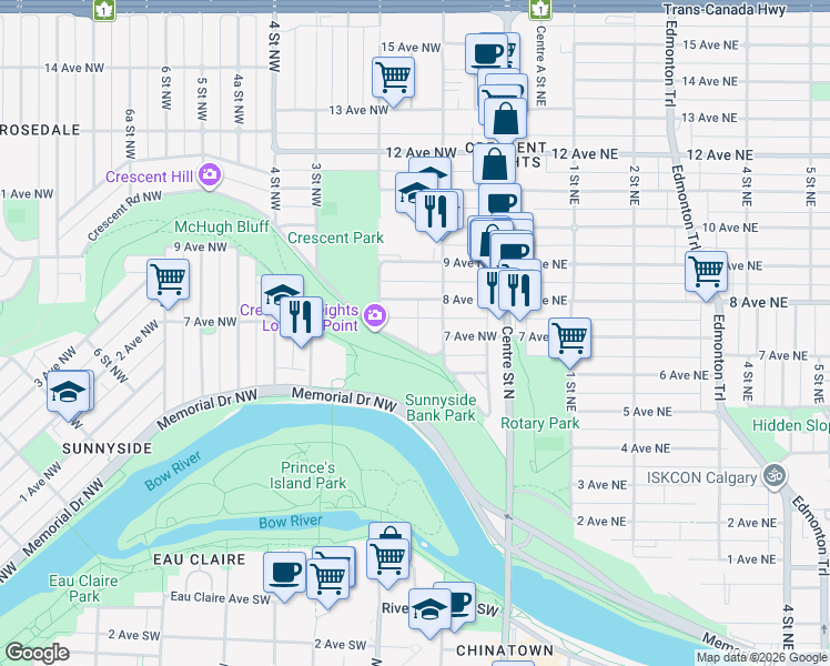 map of restaurants, bars, coffee shops, grocery stores, and more near 218 Crescent Road Northwest in Calgary