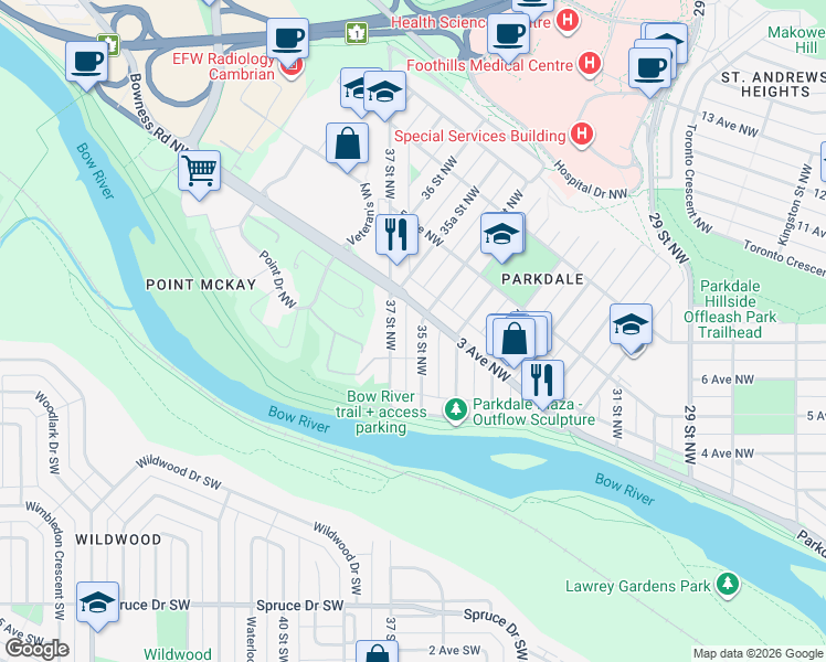 map of restaurants, bars, coffee shops, grocery stores, and more near in Calgary