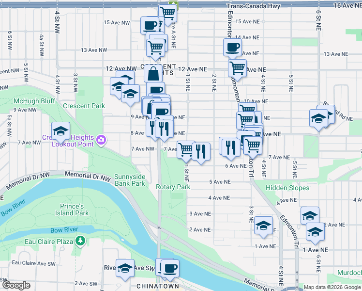 map of restaurants, bars, coffee shops, grocery stores, and more near 201 7 Avenue Northeast in Calgary
