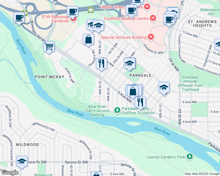 map of restaurants, bars, coffee shops, grocery stores, and more near 3517 3 Avenue Northwest in Calgary