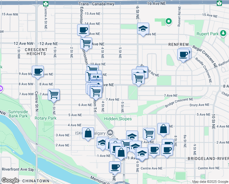 map of restaurants, bars, coffee shops, grocery stores, and more near in Calgary