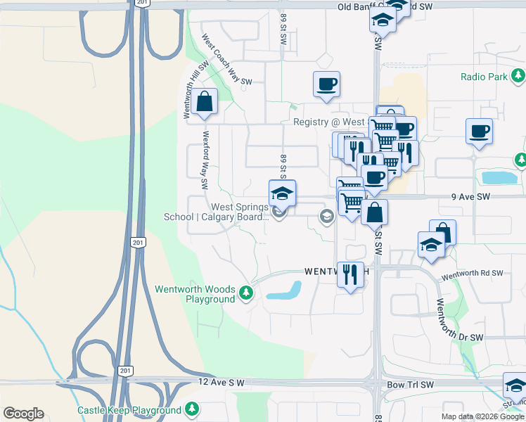 map of restaurants, bars, coffee shops, grocery stores, and more near 9000 Wentworth Avenue Southwest in Calgary