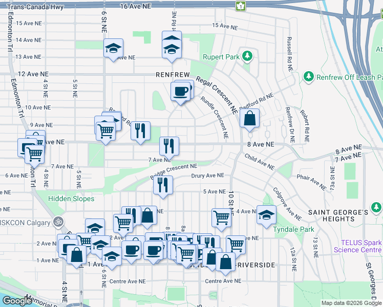 map of restaurants, bars, coffee shops, grocery stores, and more near in Calgary