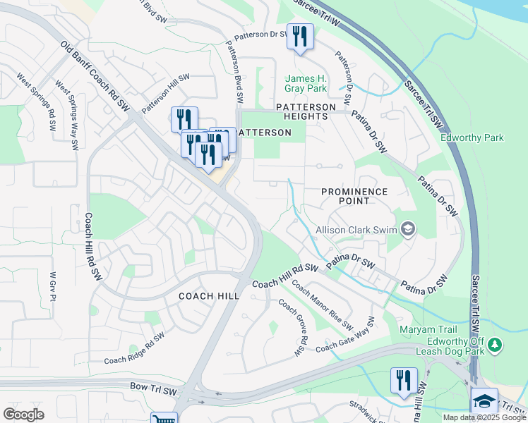 map of restaurants, bars, coffee shops, grocery stores, and more near 550 Prominence Rise Southwest in Calgary