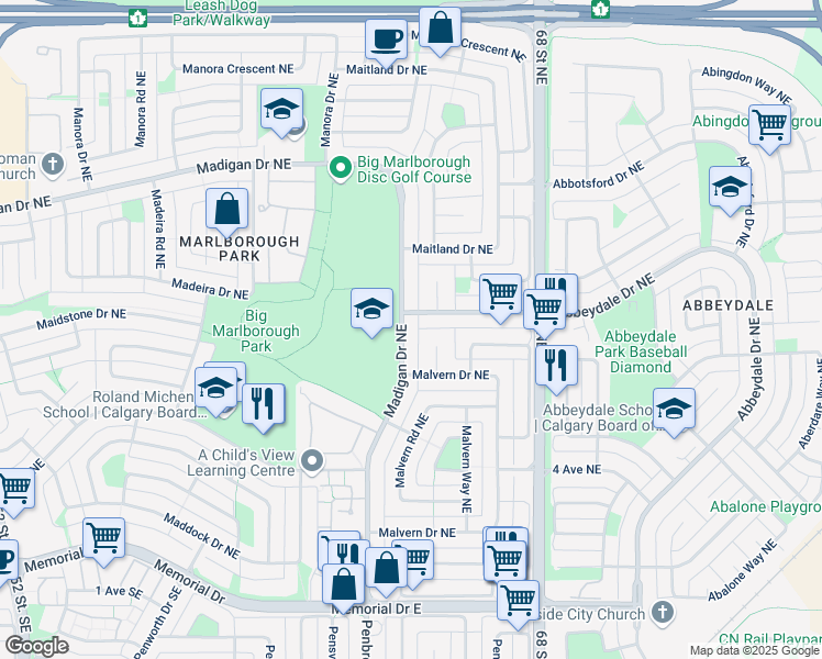 map of restaurants, bars, coffee shops, grocery stores, and more near 6028 Madigan Drive Northeast in Calgary