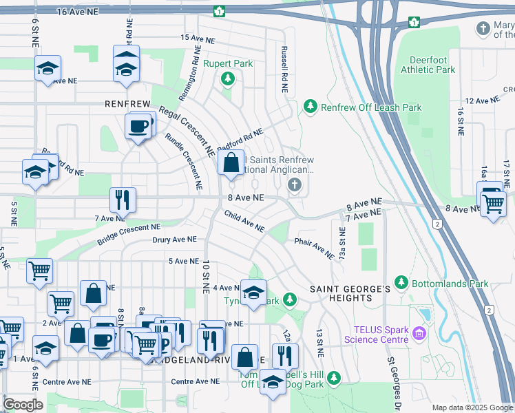 map of restaurants, bars, coffee shops, grocery stores, and more near 1215 Bantry Street Northeast in Calgary
