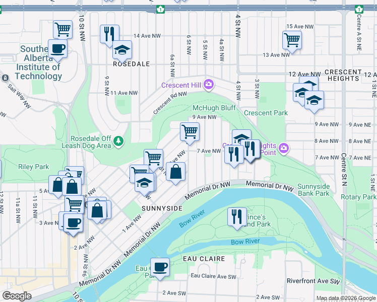 map of restaurants, bars, coffee shops, grocery stores, and more near 756 5A Street Northwest in Calgary