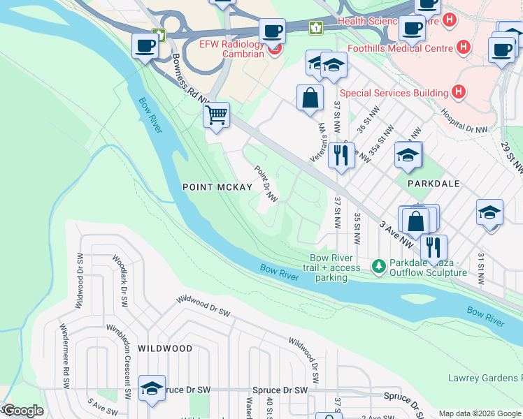 map of restaurants, bars, coffee shops, grocery stores, and more near 80 Point Drive Northwest in Calgary