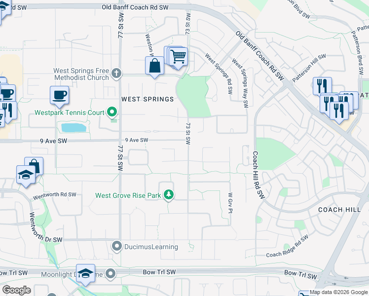 map of restaurants, bars, coffee shops, grocery stores, and more near 975 73 Street Southwest in Calgary