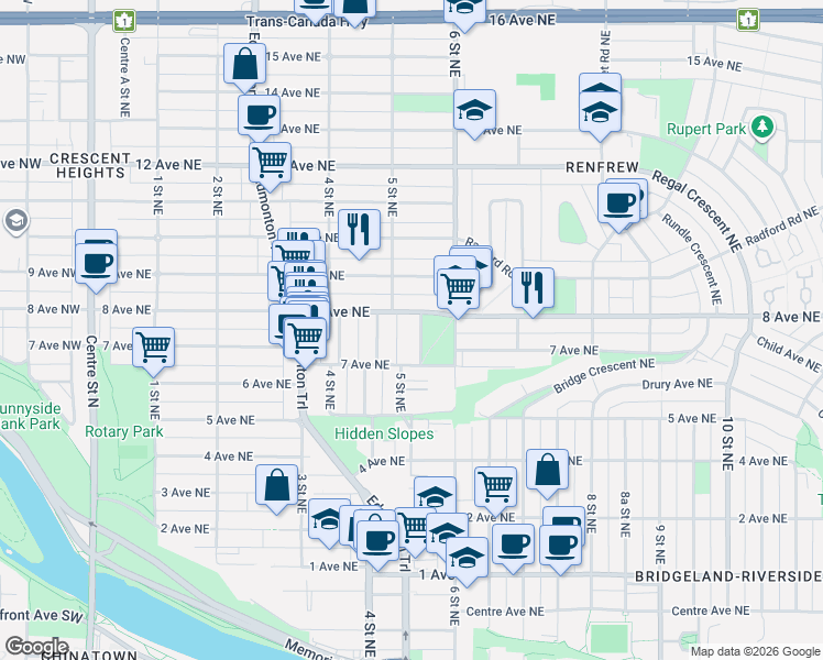 map of restaurants, bars, coffee shops, grocery stores, and more near 823 5 Street Northeast in Calgary