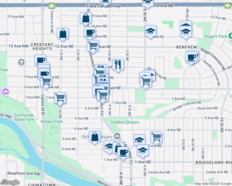 map of restaurants, bars, coffee shops, grocery stores, and more near 824 4 Street Northeast in Calgary